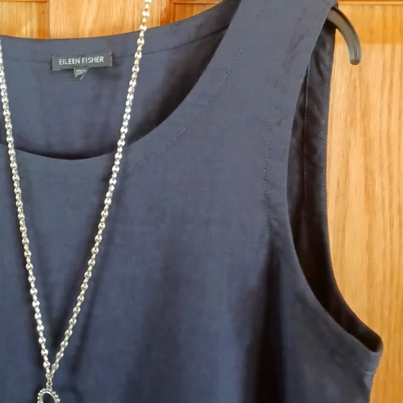 Sz L Eileen Fisher Black Linen Blend Sleeveless Midi Dress - Picture 2 of 8